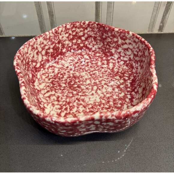 White Other - Vintage Red White Spongeware Spatterware Wavy Round Pottery Bowl USA Rustic 6”